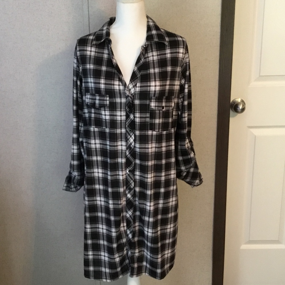 Black & White Plaid Button-Front Shirt Dress